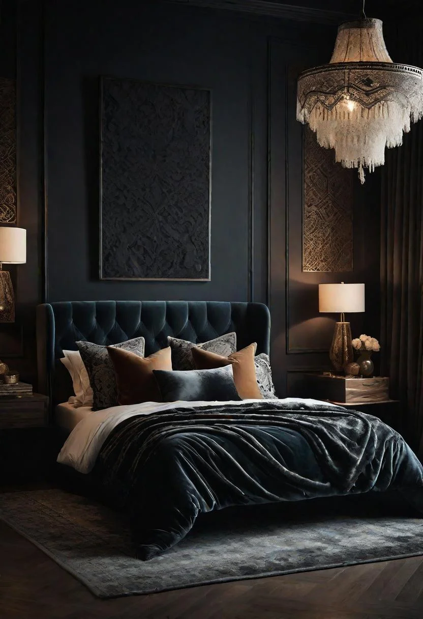 31 Dark Boho Bedroom Sanctuaries: Mystical Elegance & Cozy Vibes 17 7. Plush Pillow Layering Inspiration-0