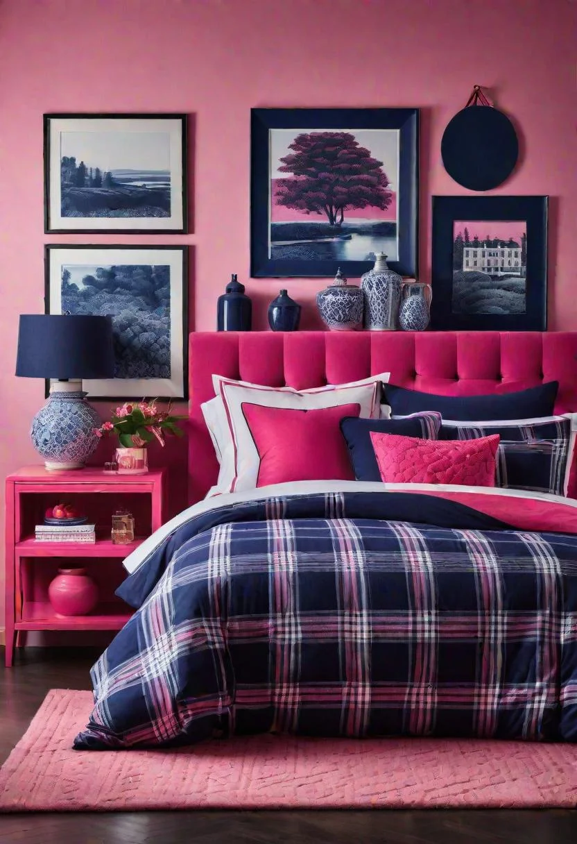 63 Luxurious Pink Bedrooms to Warm Up Your Space 53 51. Preppy Pink and Navy Plaid-0