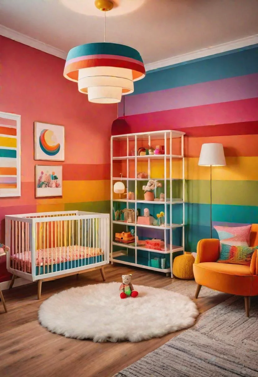61 Dreamy Nursery Room Inspirations: From Cozy Corners to Whimsical Themes 17 11. Rainbow Retro Nursery Inspiration-0