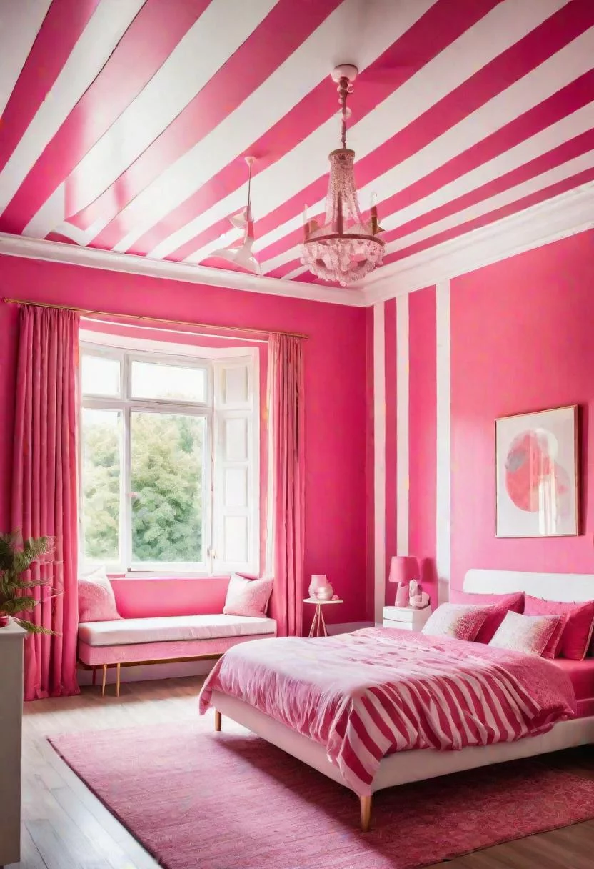 63 Luxurious Pink Bedrooms to Warm Up Your Space 16 15. Raspberry Pink Striped Ceiling-0