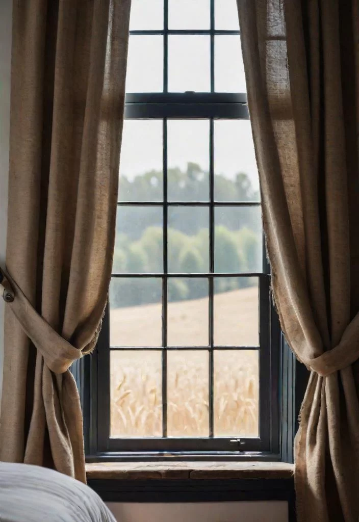 38 Genius Farmhouse Bedroom Ideas 13 12. Raw-textured burlap curtains-0