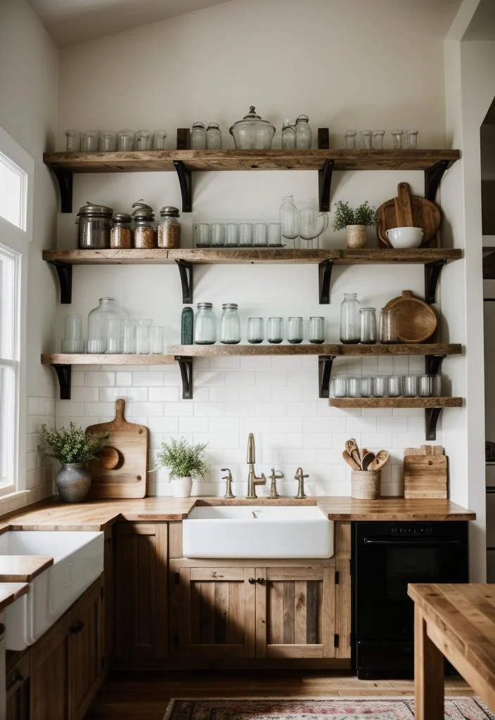 33 Modern Farmhouse Kitchen Ideas: Blending Rustic Charm with Contemporary Design 4 3. Reclaimed Wood Open Shelving-0