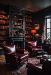 29 Moody Living Room Ideas: Create an Enchanting Atmosphere 1 5. Rich Seating & Shelves Combo-0