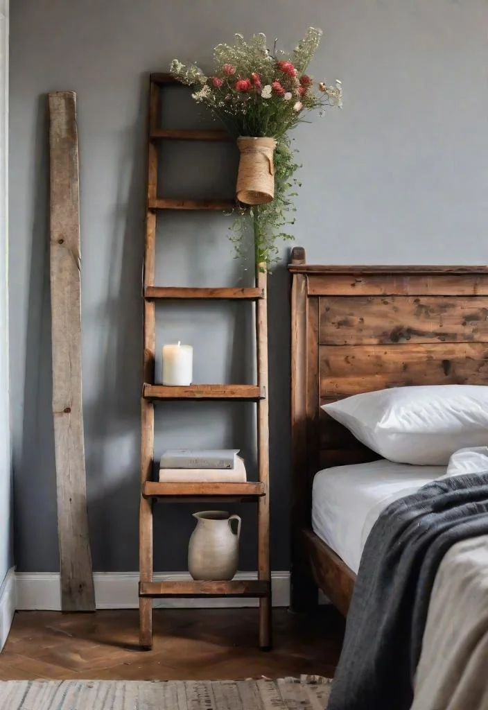 38 Genius Farmhouse Bedroom Ideas 2 1. Rustic Bedside Organizer: Vintage Ladder-0