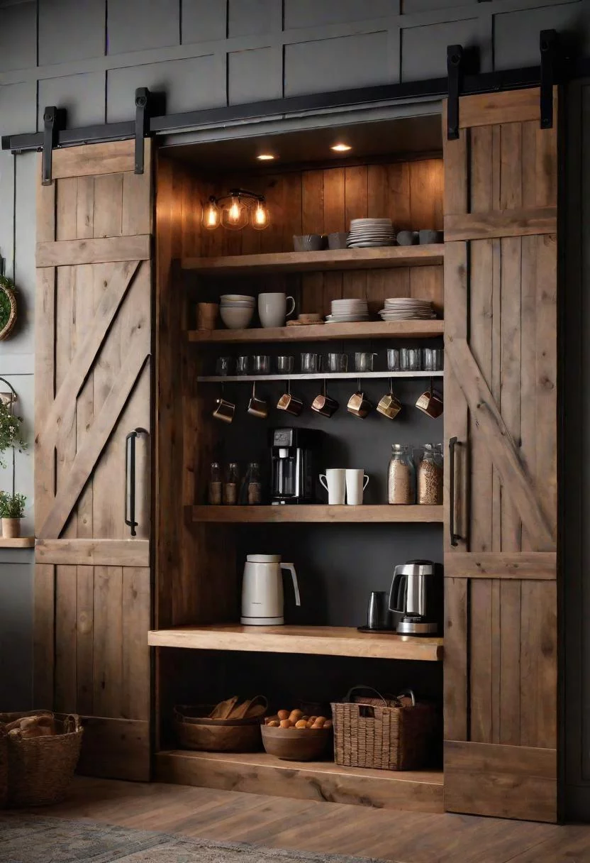 33 Modern Farmhouse Kitchen Ideas: Blending Rustic Charm with Contemporary Design 8 7. Rustic Coffee Bar Cabinet Solution-0