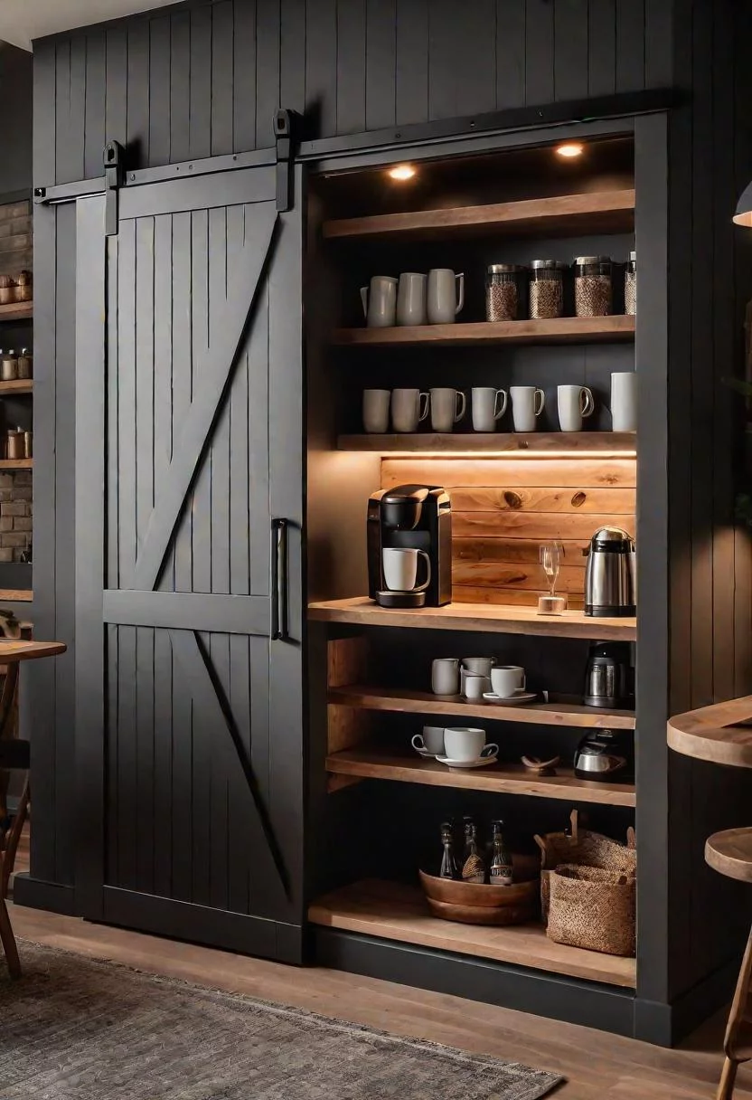 33 Modern Farmhouse Kitchen Ideas: Blending Rustic Charm with Contemporary Design 9 7. Rustic Coffee Bar Cabinet Solution-1