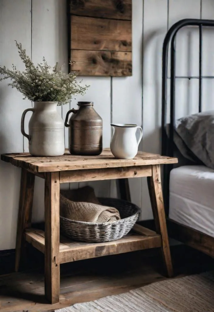 38 Genius Farmhouse Bedroom Ideas 11 10. Rustic Milk Jug Side Table-0