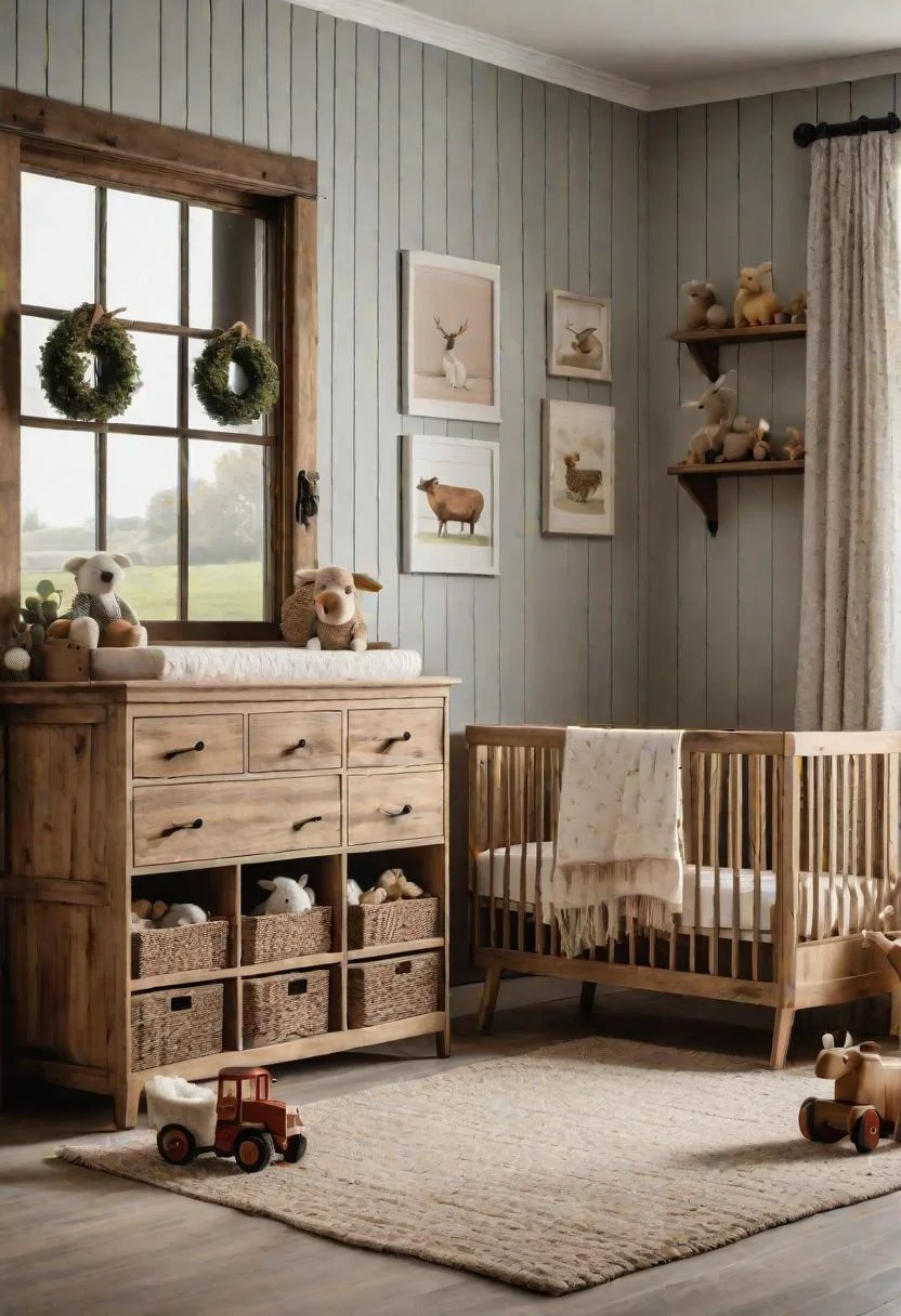 61 Dreamy Nursery Room Inspirations: From Cozy Corners to Whimsical Themes 69 47. Rustic Nursery Decor Ideas-0