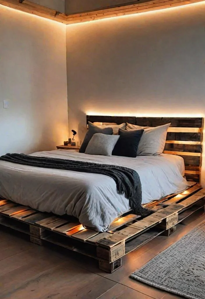 38 Genius Farmhouse Bedroom Ideas 14 13. Rustic Pallet Bed with Lighting-0