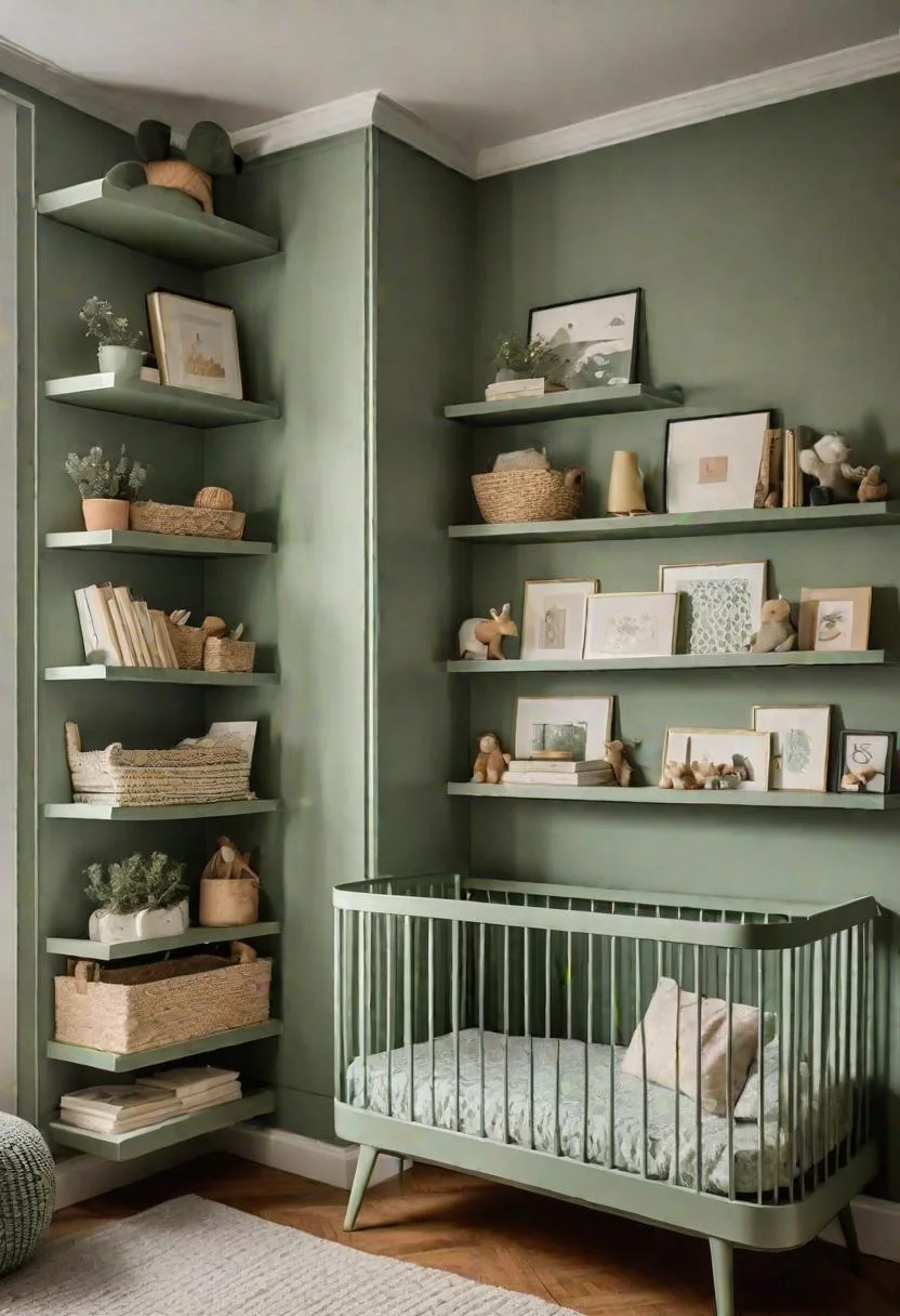 45 Serene Sage Green Nursery Ideas: Calming and Chic Inspirations 70 42. Sage Green Bookshelf Display-0