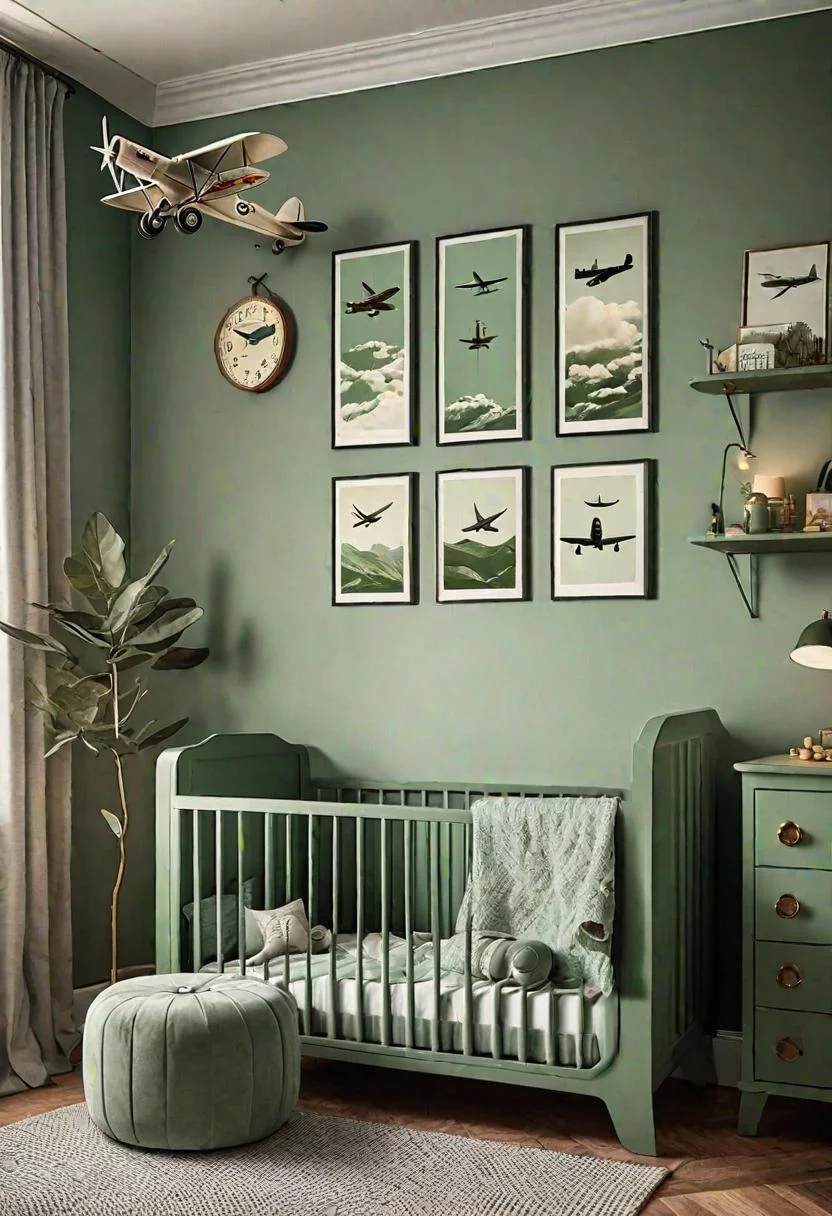 45 Serene Sage Green Nursery Ideas: Calming and Chic Inspirations 50 27. Sage Green Vintage Airplane Decor-0