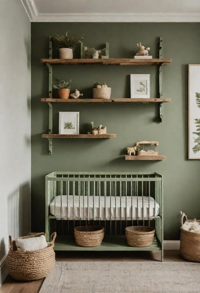 45 Serene Sage Green Nursery Ideas: Calming and Chic Inspirations 45 22. Sage Green Wood Shelves-0