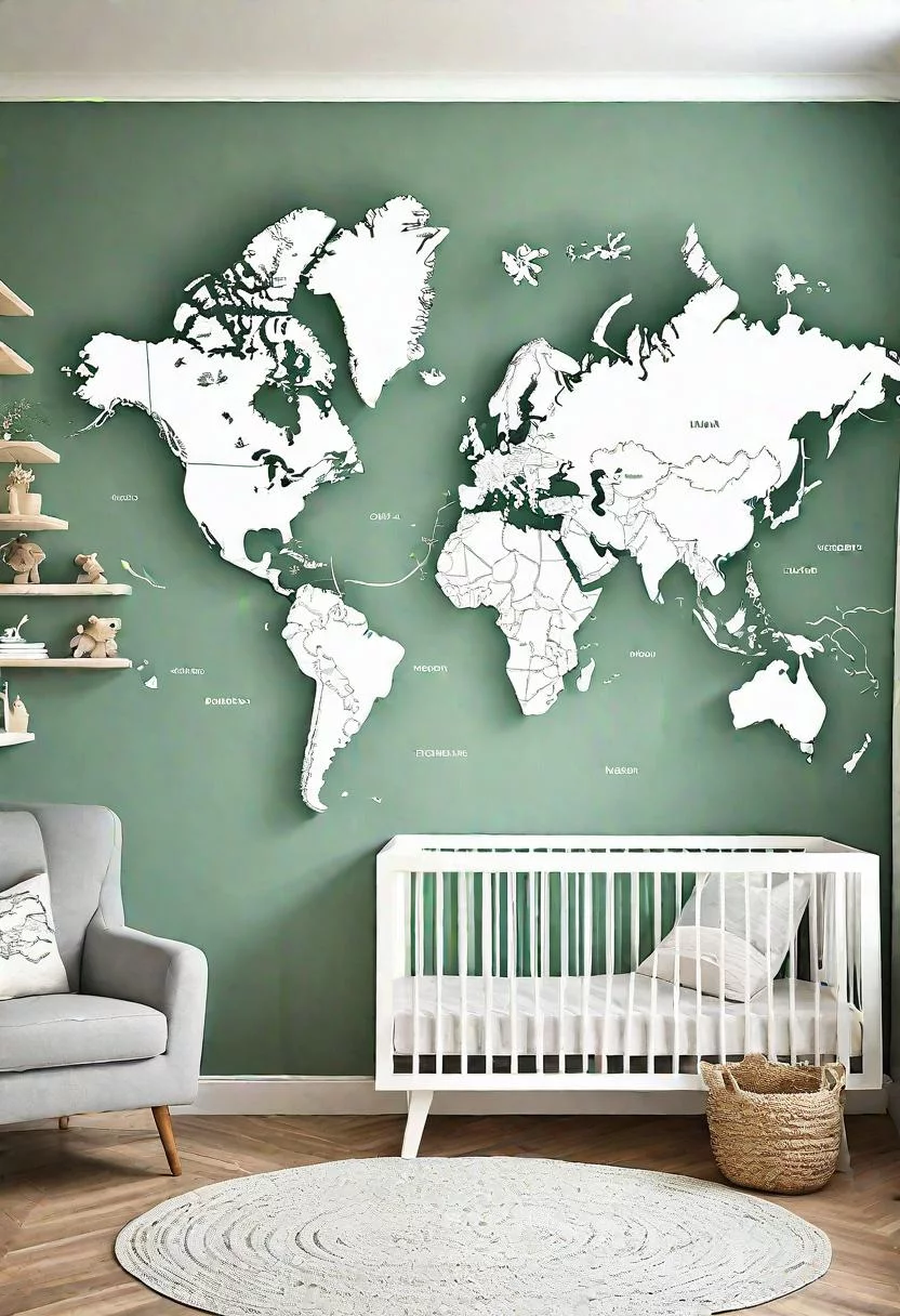 45 Serene Sage Green Nursery Ideas: Calming and Chic Inspirations 63 35. Sage Green World Map Decal-0