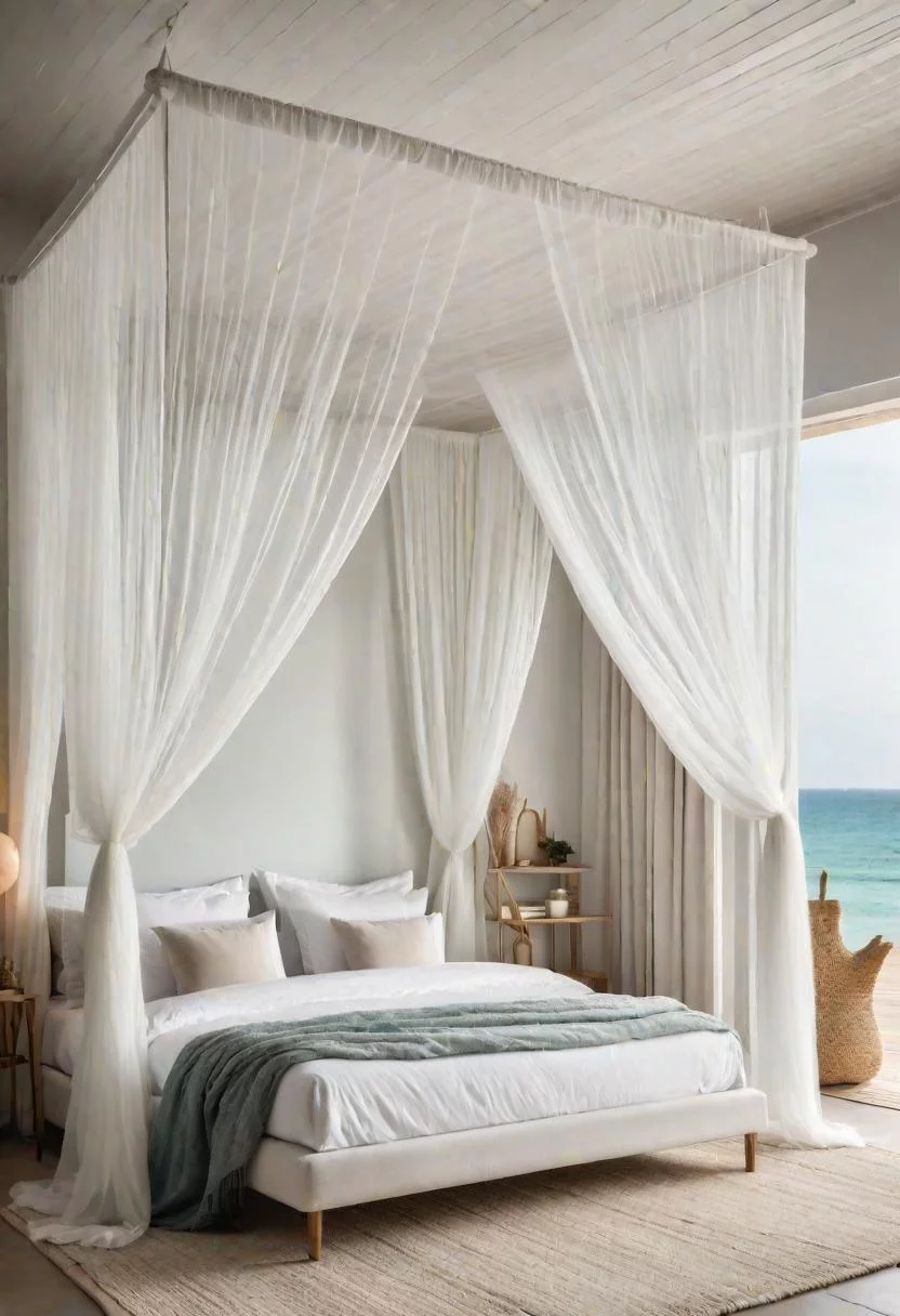 43 Relaxing Coastal Bedrooms for Breezy Retreats 29 28. Sea Foam Canopy Netting Concept-0