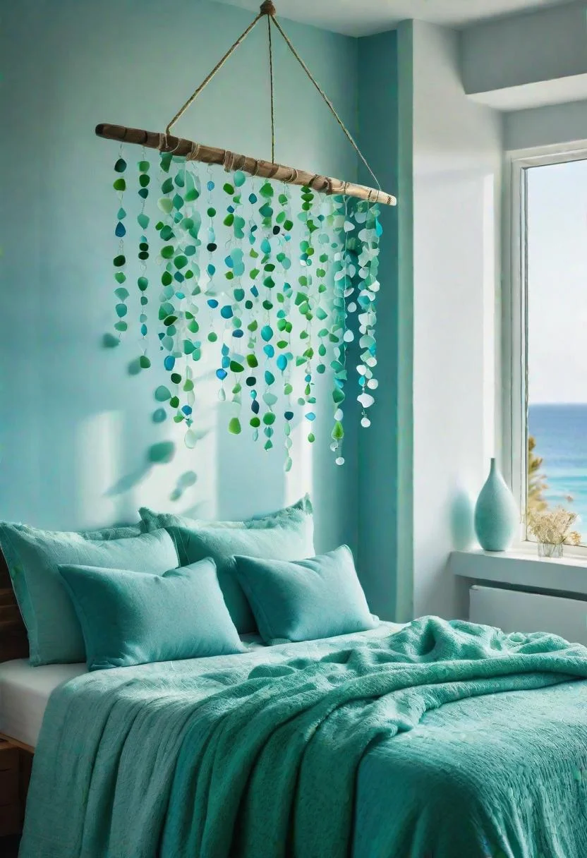 43 Relaxing Coastal Bedrooms for Breezy Retreats 10 9. Sea Glass Mobile Decor Idea-0