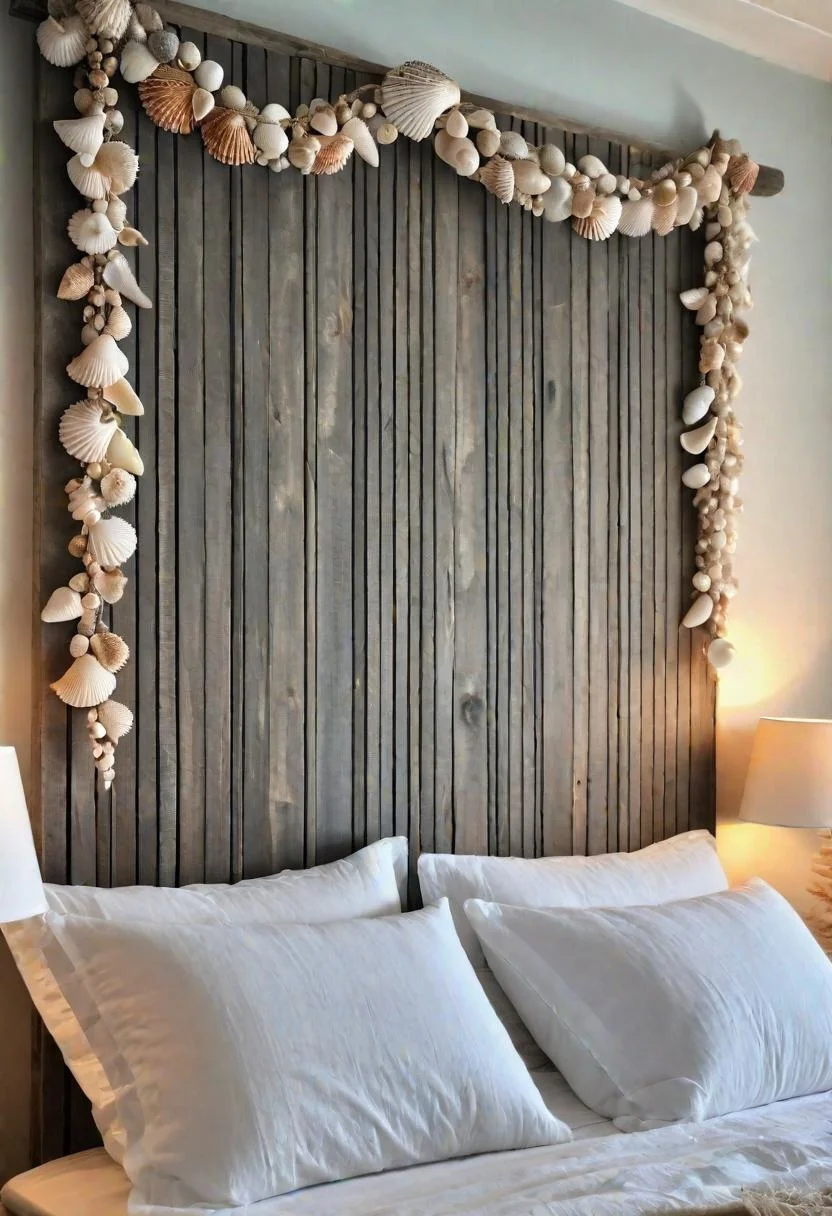 43 Relaxing Coastal Bedrooms for Breezy Retreats 4 3. Seashell Garland Headboard Decor-0