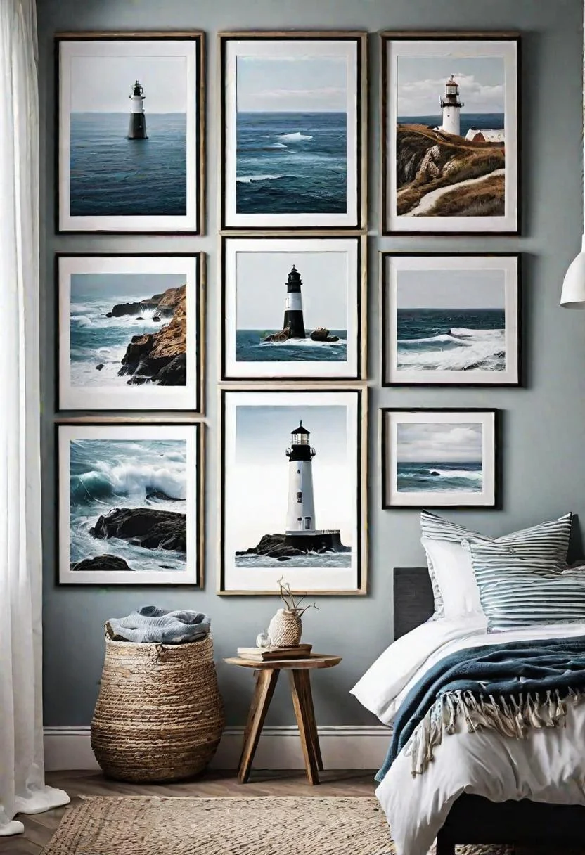 43 Relaxing Coastal Bedrooms for Breezy Retreats 5 4. Seaside Art Gallery Wall-0
