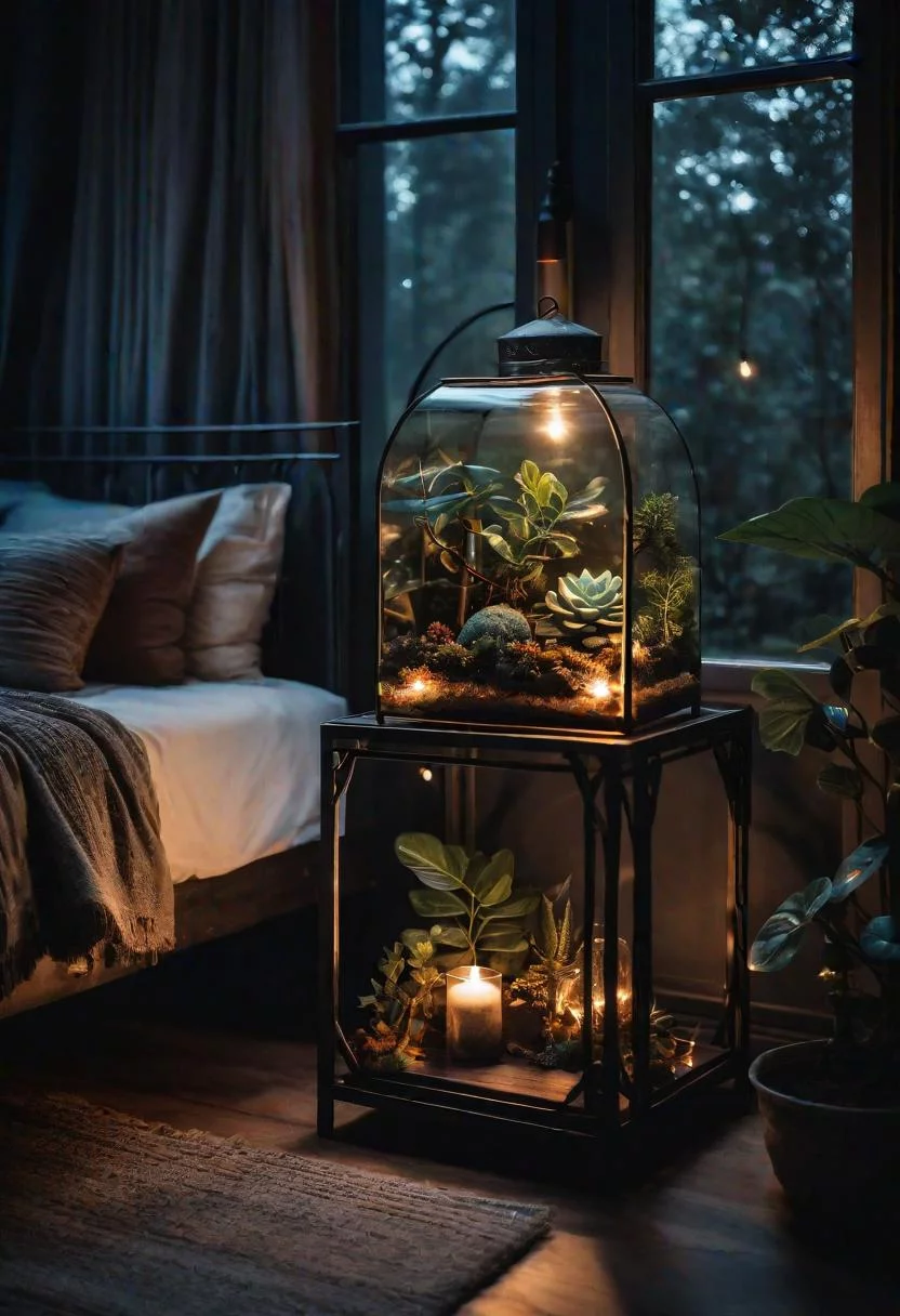 31 Dark Boho Bedroom Sanctuaries: Mystical Elegance & Cozy Vibes 28 13. Terrarium Nightstand Style Guide-0