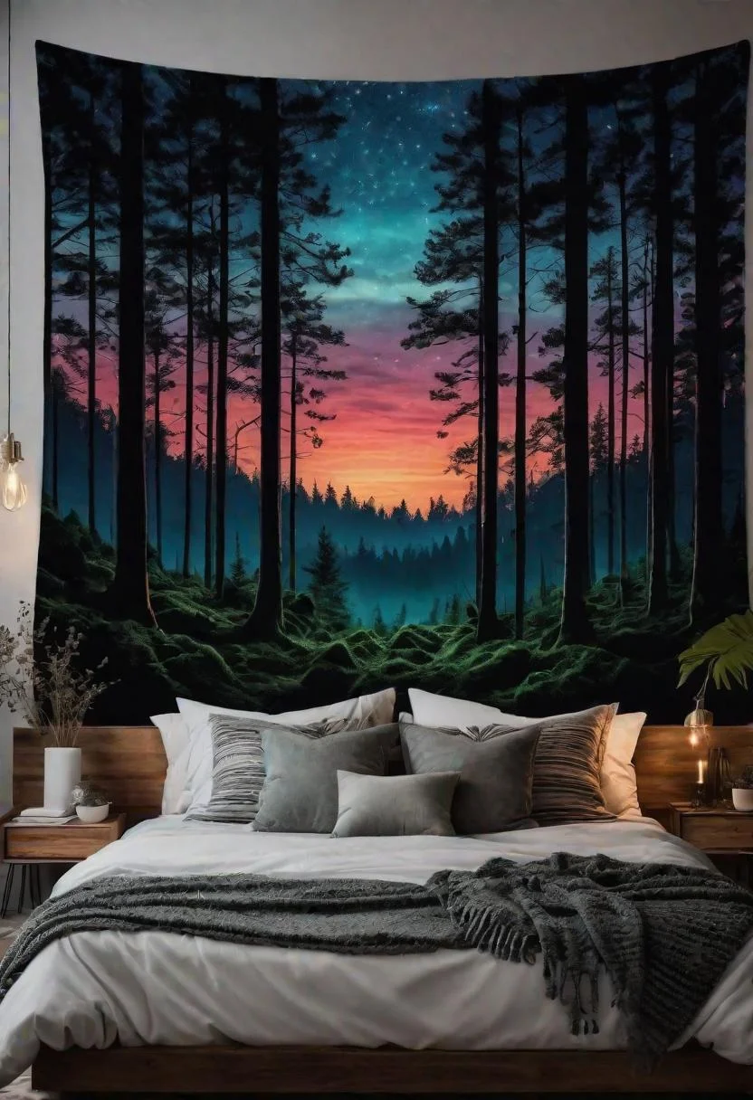 31 Dark Boho Bedroom Sanctuaries: Mystical Elegance & Cozy Vibes 7 3. Twilight Forest Tapestry Headboard Tutorial-0