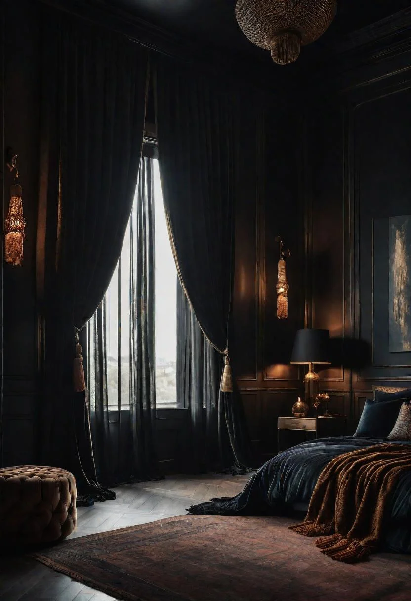 31 Dark Boho Bedroom Sanctuaries: Mystical Elegance & Cozy Vibes 31 16. Velvet Tassel Curtain Statement-0