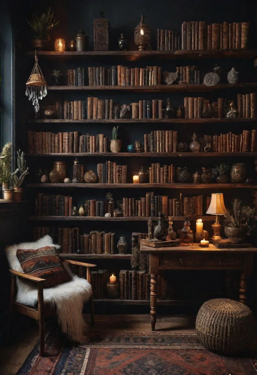 31 Dark Boho Bedroom Sanctuaries: Mystical Elegance & Cozy Vibes 25 10. Vintage Decor on Rustic Shelves-0