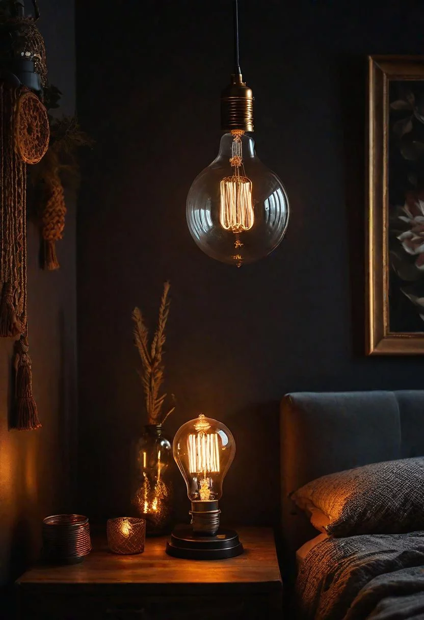 31 Dark Boho Bedroom Sanctuaries: Mystical Elegance & Cozy Vibes 35 20. Vintage Filament Lamp Styling-0