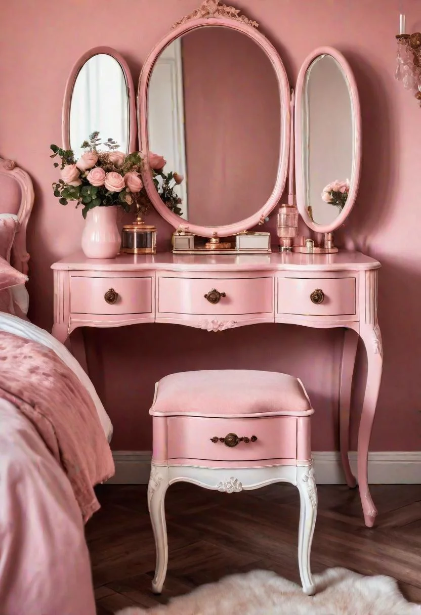 63 Luxurious Pink Bedrooms to Warm Up Your Space 28 27. Vintage Vanity Setup in Pink-0