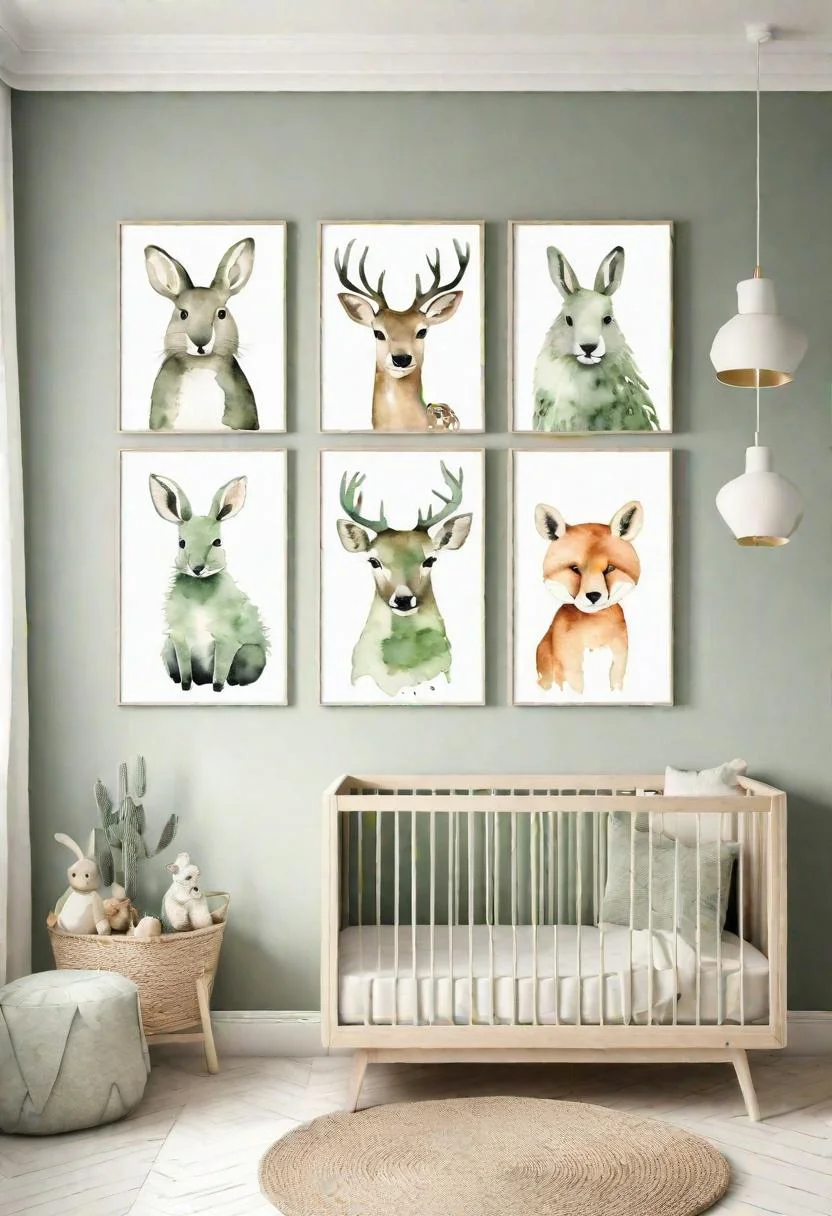 45 Serene Sage Green Nursery Ideas: Calming and Chic Inspirations 43 20. Watercolor Animal Prints for Walls-0