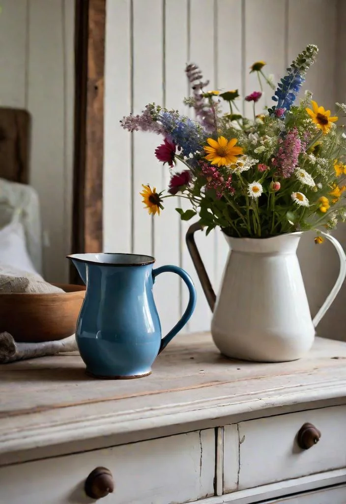 38 Genius Farmhouse Bedroom Ideas 26 25. Wildflower-filled pitcher on farmhouse dresser-0