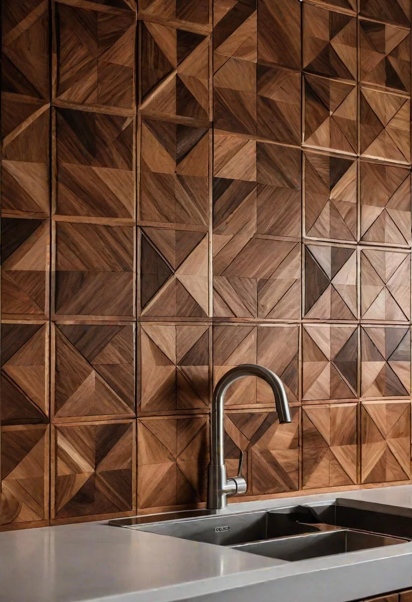 35 Stunning Kitchen Backsplash Ideas: Creative and Eye-Catching Designs 5 4. Wooden Geometric Backsplash Panels-0