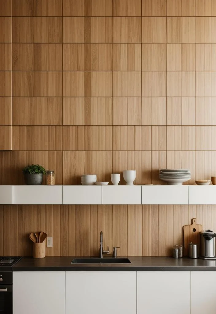 35 Stunning Kitchen Backsplash Ideas: Creative and Eye-Catching Designs 6 4. Wooden Geometric Backsplash Panels-1
