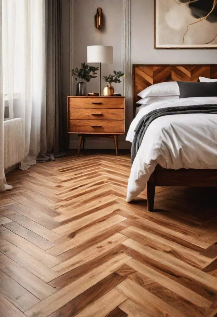 mid century modern bedroom with herringbone wood flooring