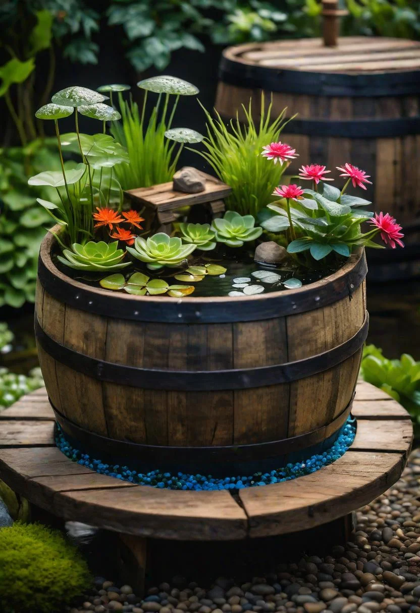 41 Stunning Garden Decor Ideas for an Aesthetic Backyard 18 14. Barrel Water Garden Inspiration-2