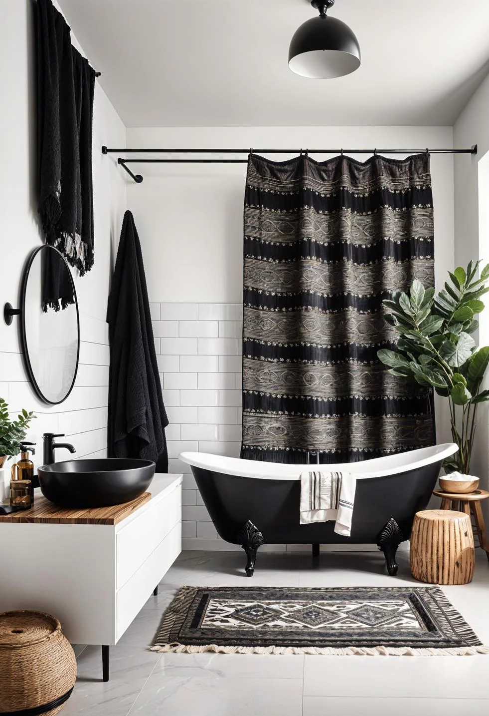 19 Stunning Black and White Bathroom Designs to Inspire You 18 14. Boho Black Textiles in Bathrooms-0