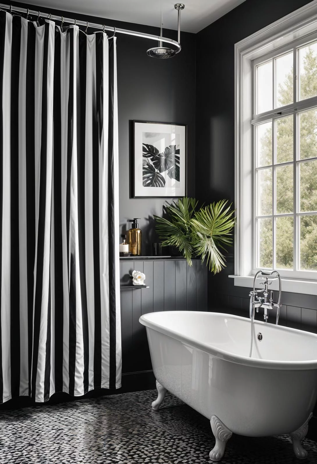 19 Stunning Black and White Bathroom Designs to Inspire You 22 18. Bold Striped Shower Curtain Ideas-0