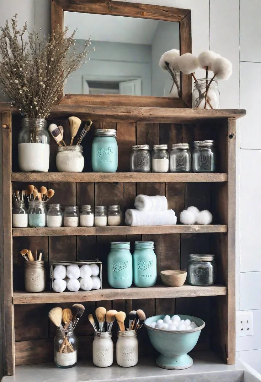 24 Chic Farmhouse Bathroom Designs for Cozy Living 43 23. Chalk-Painted Mason Jar Set-0