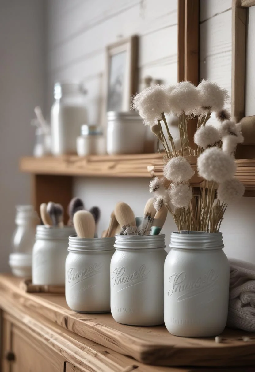 24 Chic Farmhouse Bathroom Designs for Cozy Living 44 23. Chalk-Painted Mason Jar Set-1