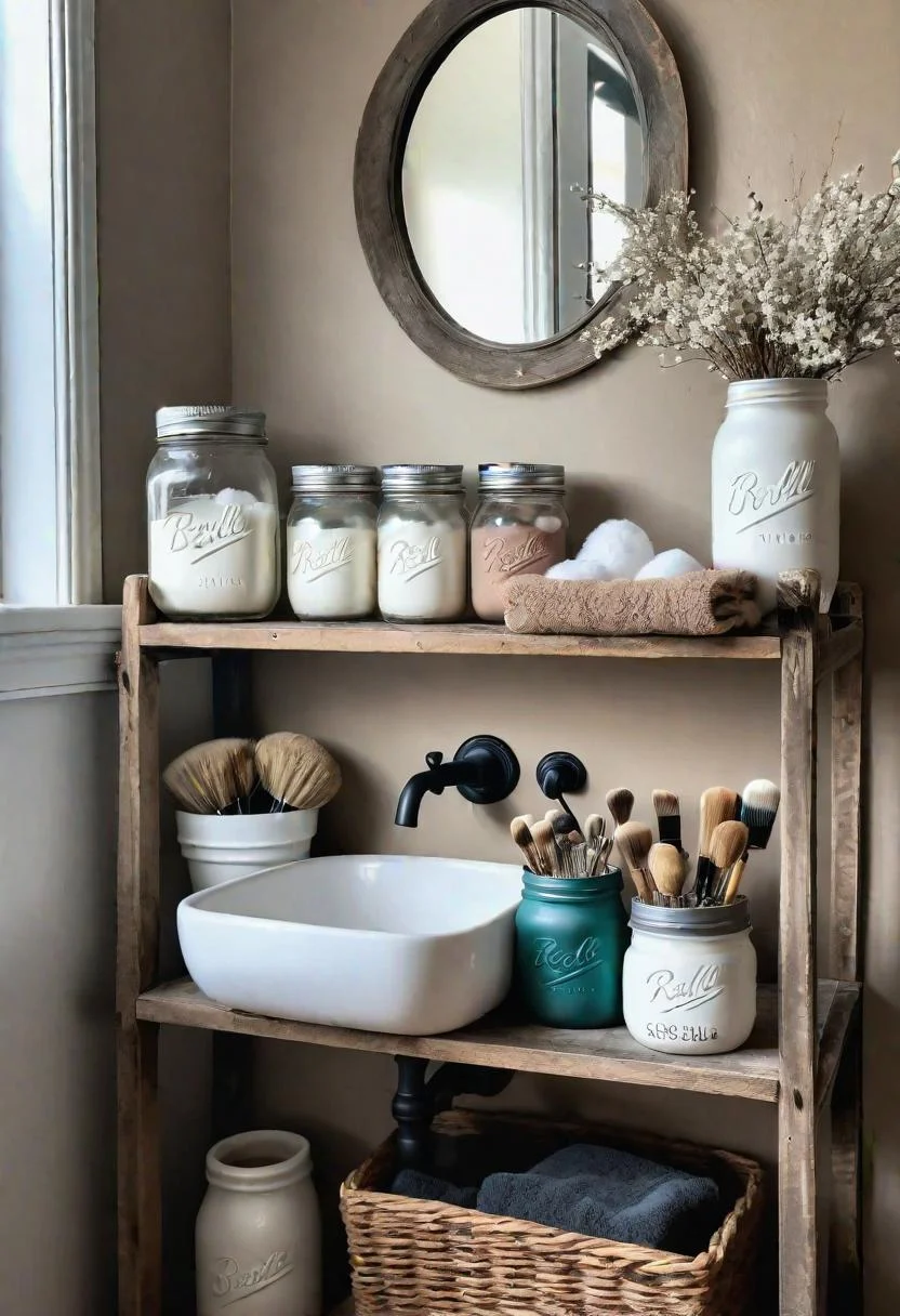 24 Chic Farmhouse Bathroom Designs for Cozy Living 45 23. Chalk-Painted Mason Jar Set-2