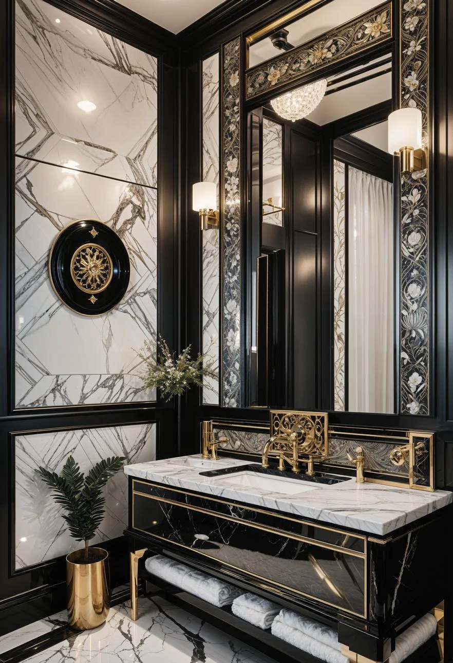 19 Stunning Black and White Bathroom Designs to Inspire You 6 5. Chic Art Deco Marble Vanity-0