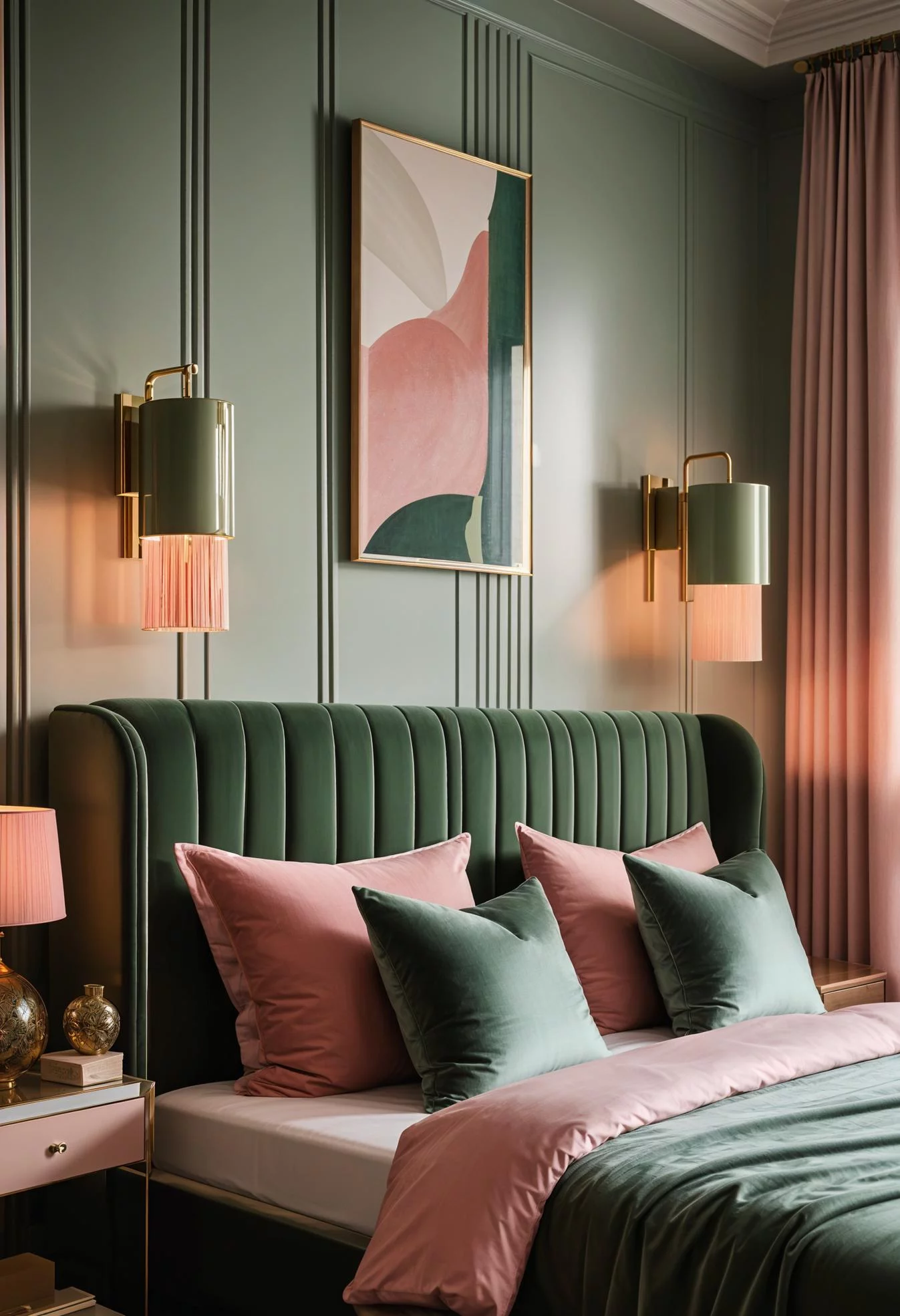 31 Chic Sage Green and Pink Bedroom Inspirations 32 22. Chic Bedroom Lamp Pairing for Art Deco Style-0