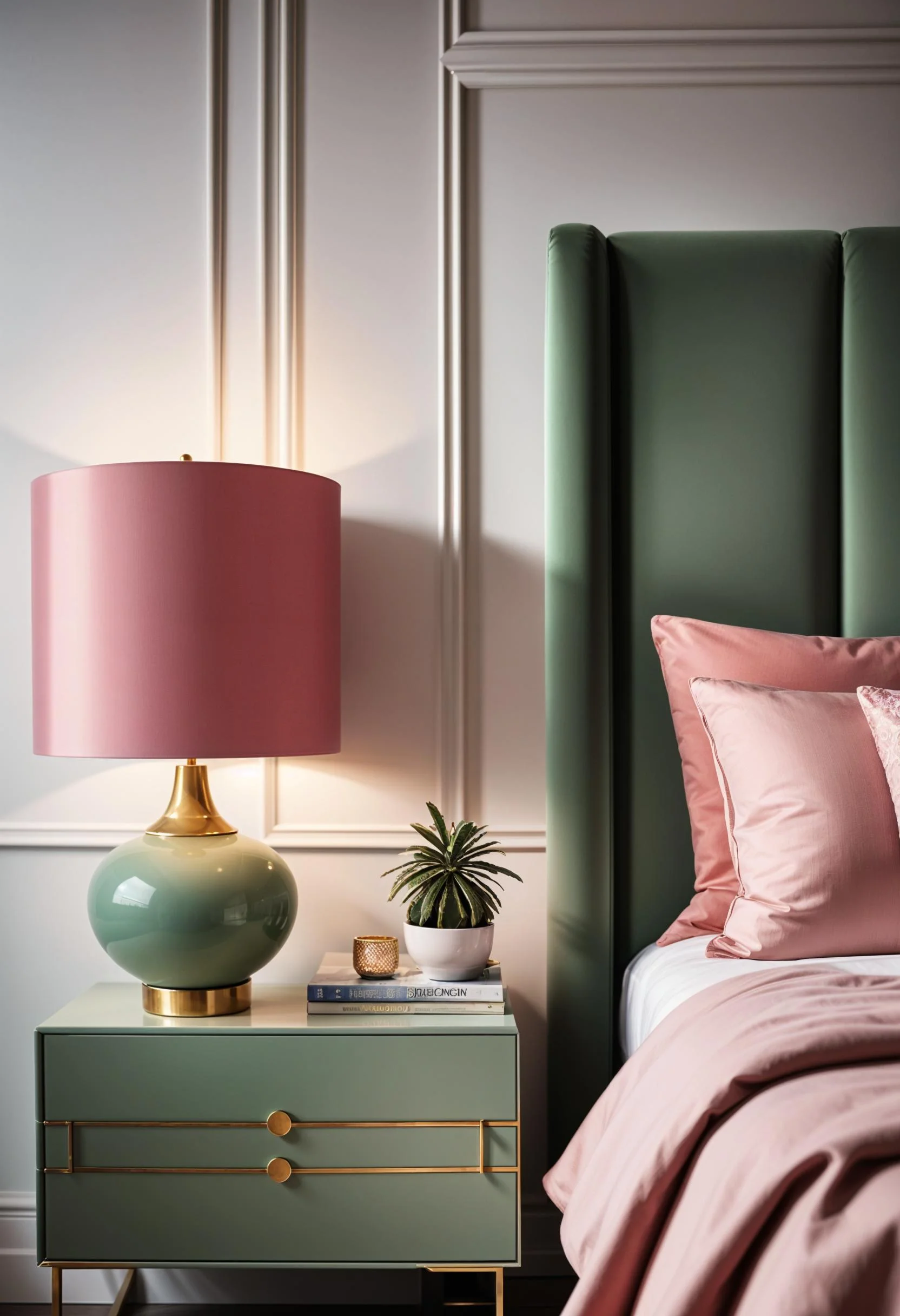 31 Chic Sage Green and Pink Bedroom Inspirations 33 22. Chic Bedroom Lamp Pairing for Art Deco Style-1