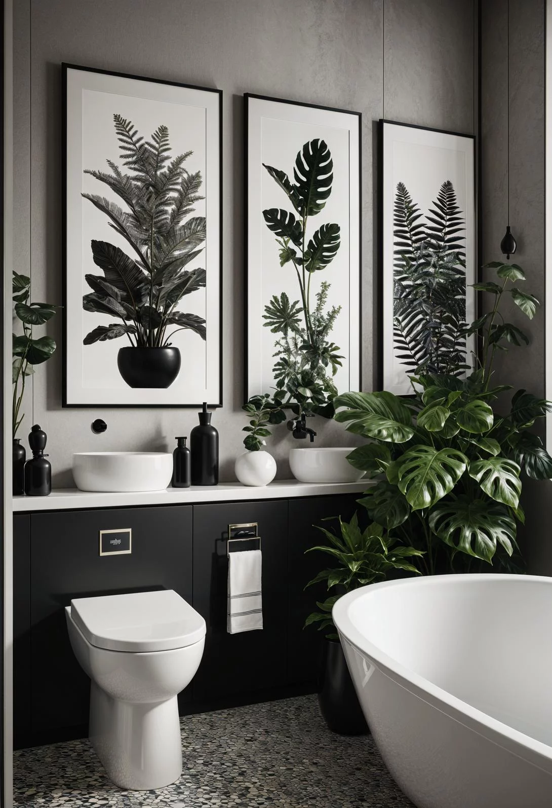 19 Stunning Black and White Bathroom Designs to Inspire You 20 16. Chic Botanical Monochrome Decor-0
