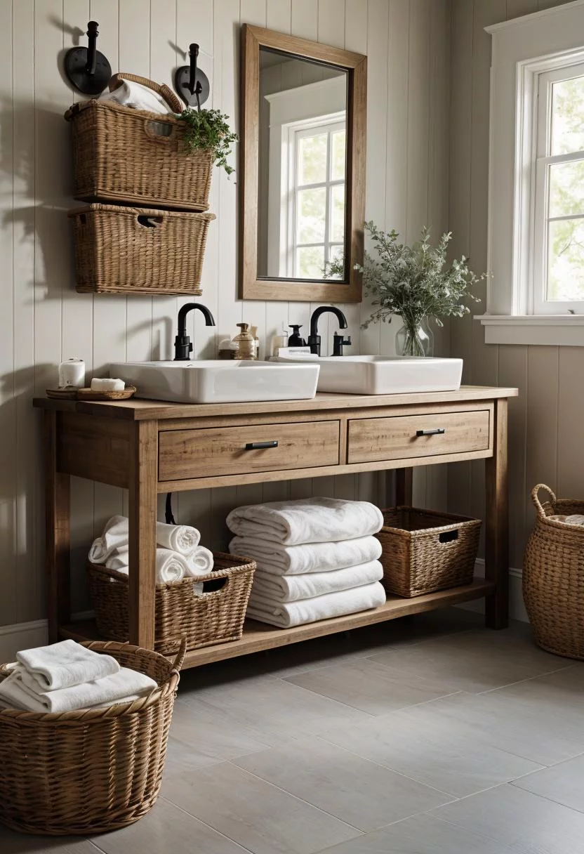 24 Chic Farmhouse Bathroom Designs for Cozy Living 30 14. Chic Towel Storage with Baskets-0