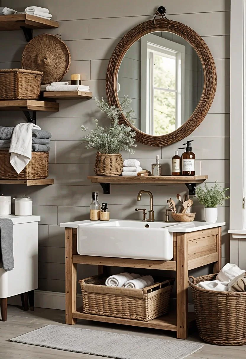 24 Chic Farmhouse Bathroom Designs for Cozy Living 31 14. Chic Towel Storage with Baskets-1