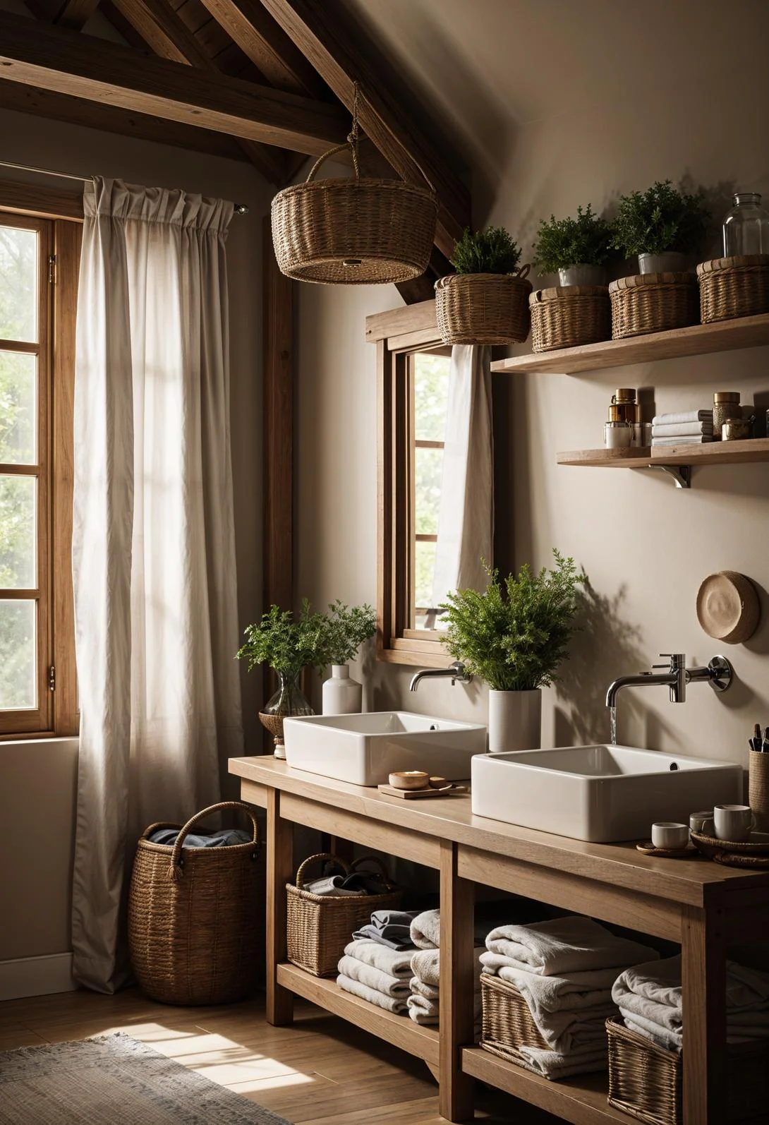 24 Chic Farmhouse Bathroom Designs for Cozy Living 32 14. Chic Towel Storage with Baskets-2