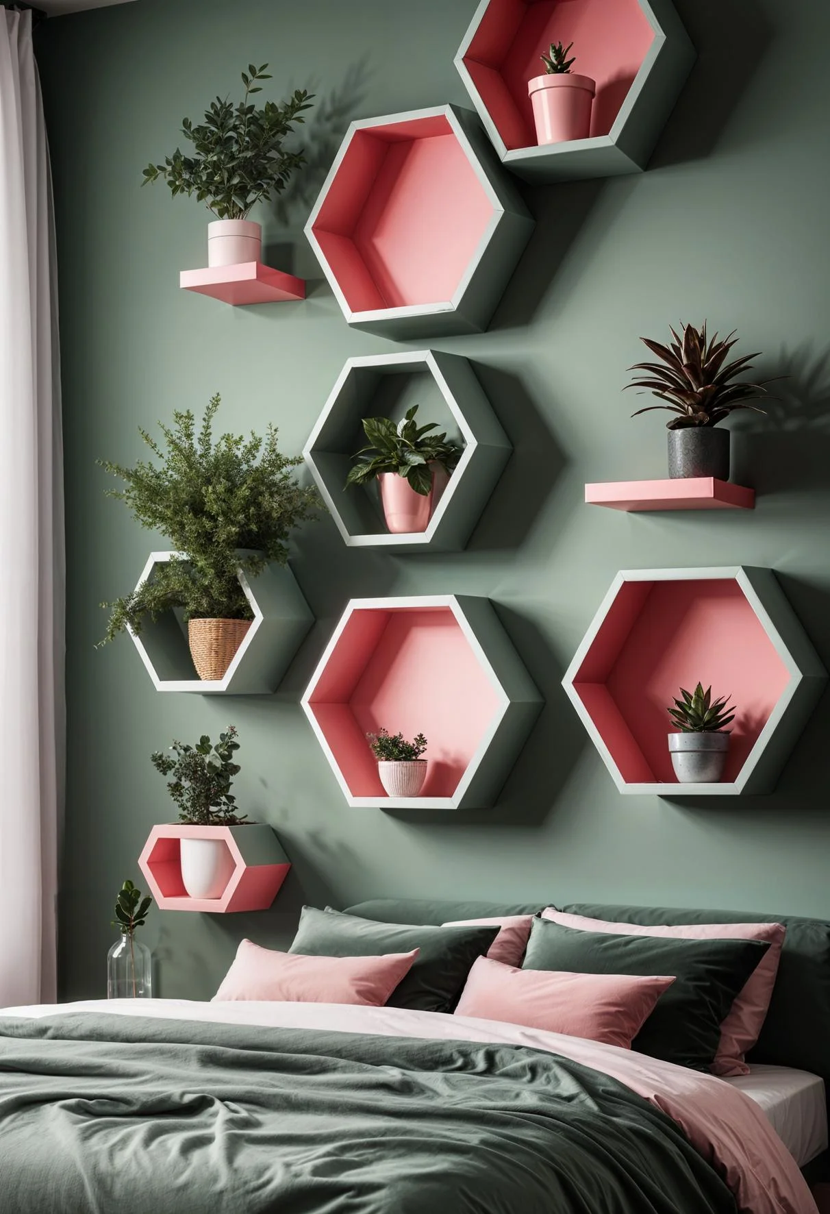 31 Chic Sage Green and Pink Bedroom Inspirations 34 23. Chic Wall Design with Floating Shelves-0