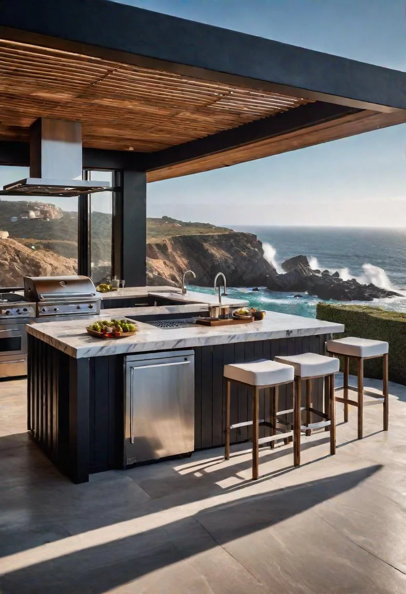 39 Stunning Outdoor Kitchen Ideas: With Style and Functionality 2 1. Coastal Cliffside Outdoor Kitchen-0