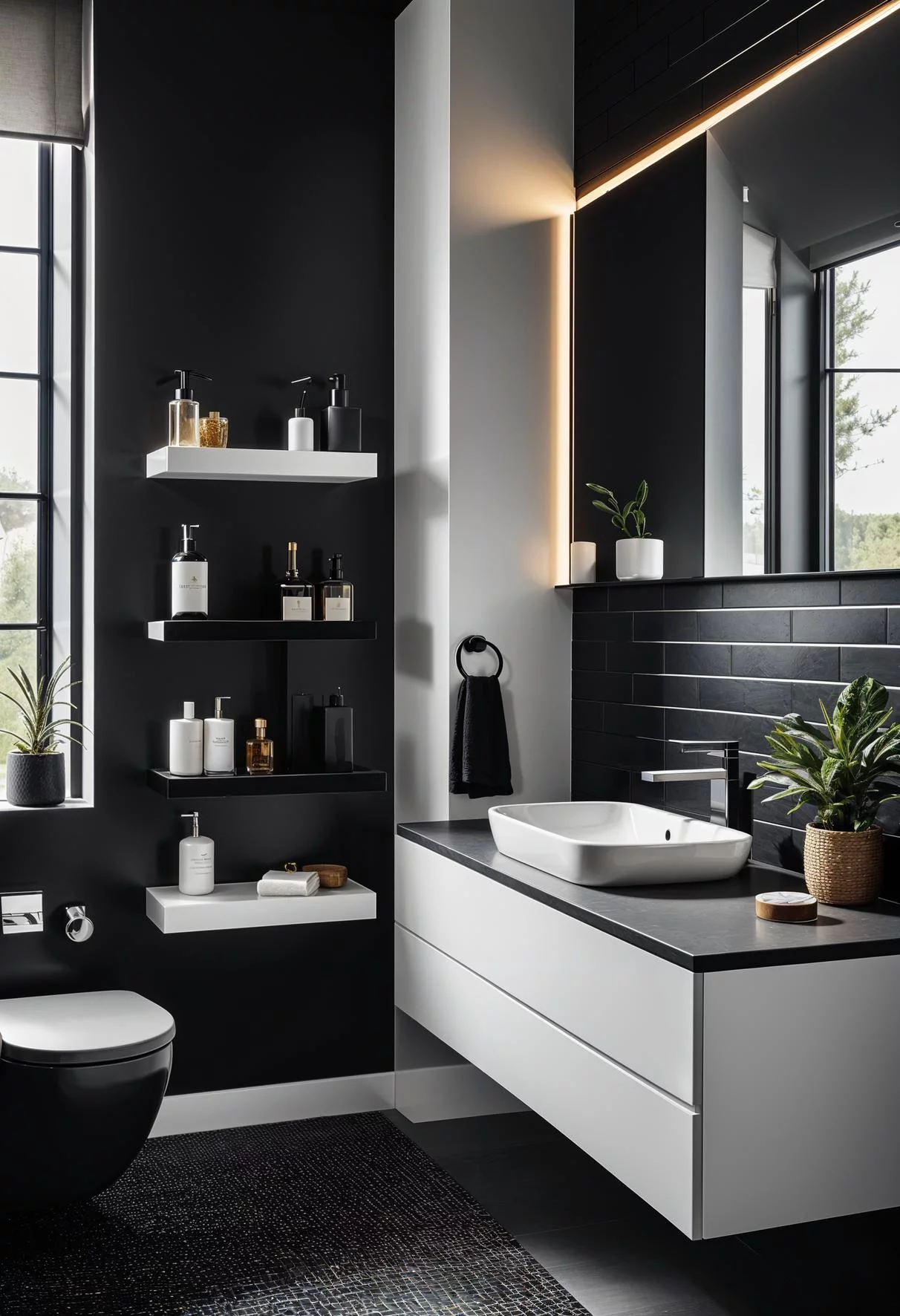 19 Stunning Black and White Bathroom Designs to Inspire You 11 9. Contrasting Black Accent Walls-1