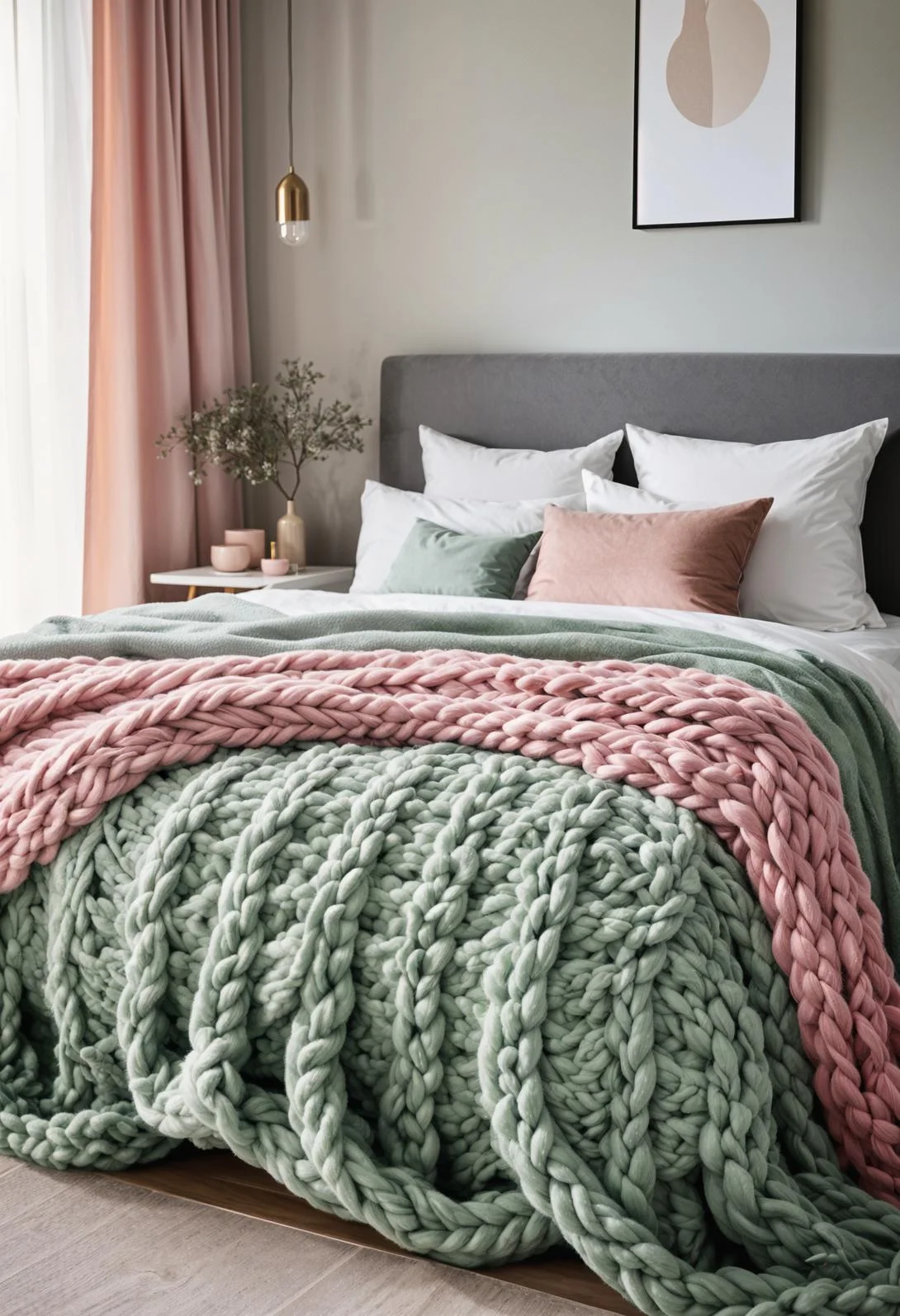 31 Chic Sage Green and Pink Bedroom Inspirations 29 20. Cozy Knit Throws: Sage-Pink Elegance-0