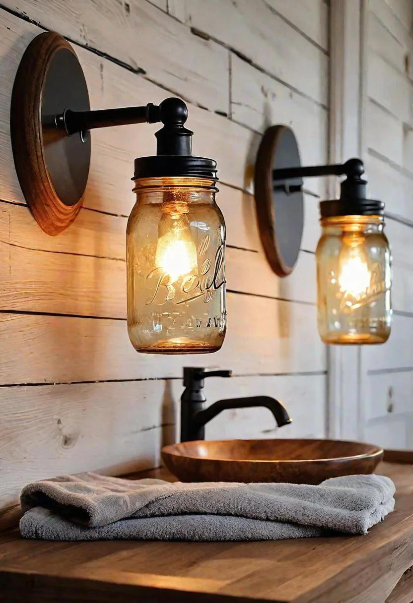 24 Chic Farmhouse Bathroom Designs for Cozy Living 12 2. DIY Mason Jar Wall Sconces-0